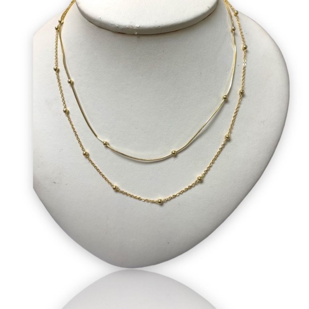 Minimalist, Dainty Beaded Ball Double Chain Necklace Yellow gold 925 SS